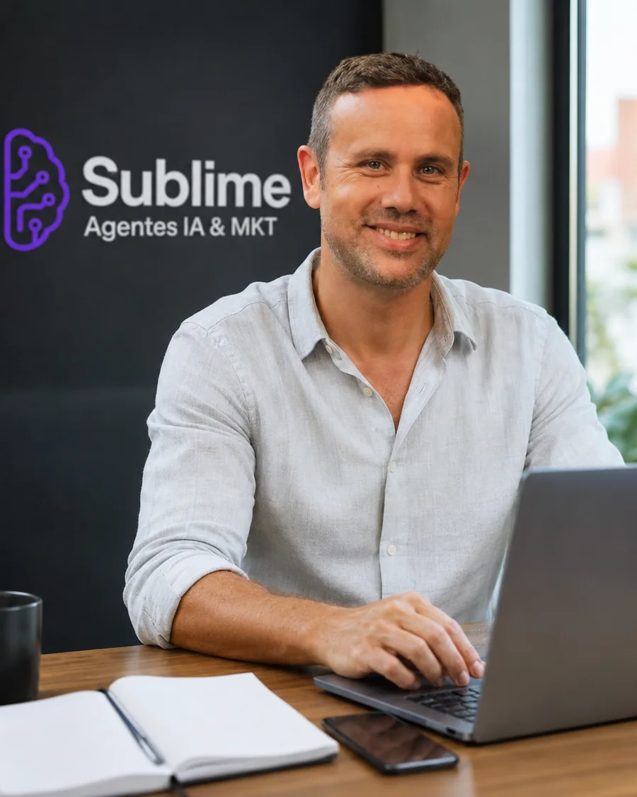 Filipe, da Sublime Agentes IA & MKT, no escritório da empresa.